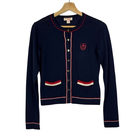 Brooks Brothers Navy Blue Red Trim Merino Wool Preppy Cardigan Sweater XS - Picture 1 of 5